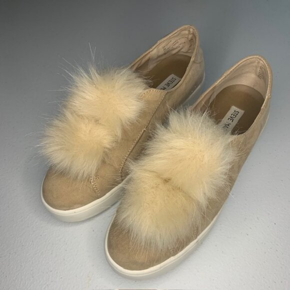 Steve Madden Poof Faux Fur Tan Platform Slip-On Loafers Shoes Suede-Like - Sz 9 - Picture 2 of 8
